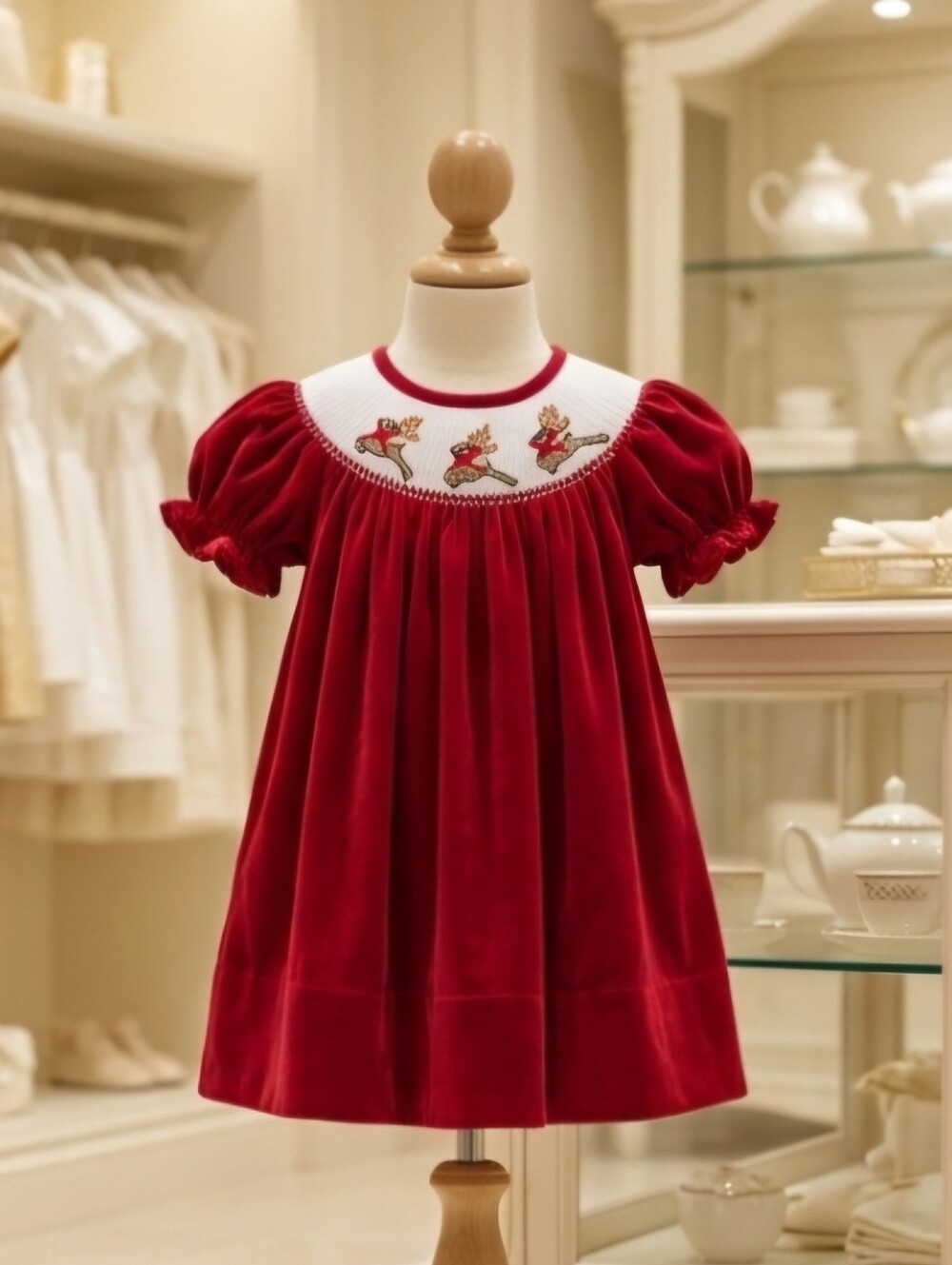 Lil Cactus Smocked Reindeer Red Velvet Dress with Matching Bows | Size 6–12M